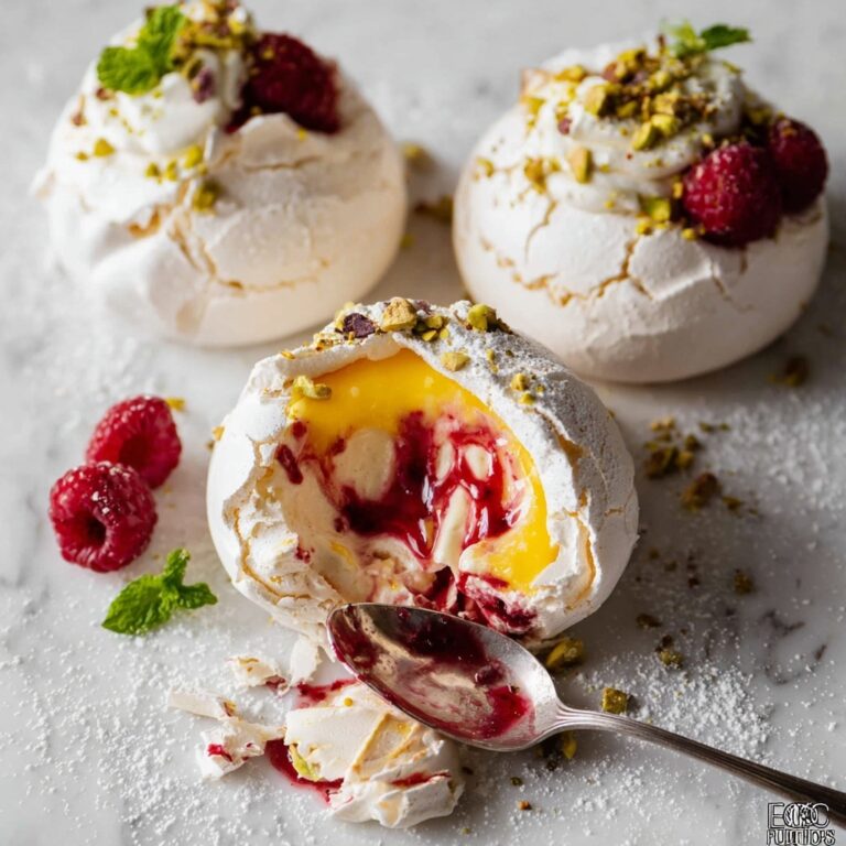 Pavlova Bombs with Raspberry Coulis, Lemon Curd, and Whipped Cream Recipe
